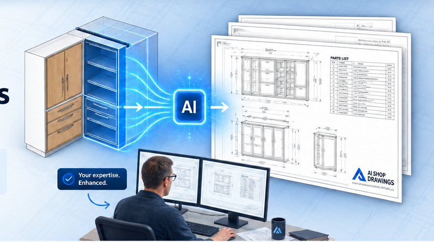 Cabinet drawings moving through AI-assisted processing with a drafter reviewing the result